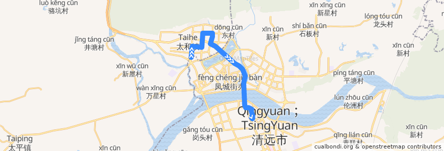 Mapa del recorrido 清远106路公交（城北客运站——新城客运站） de la línea  en Qingyuan.