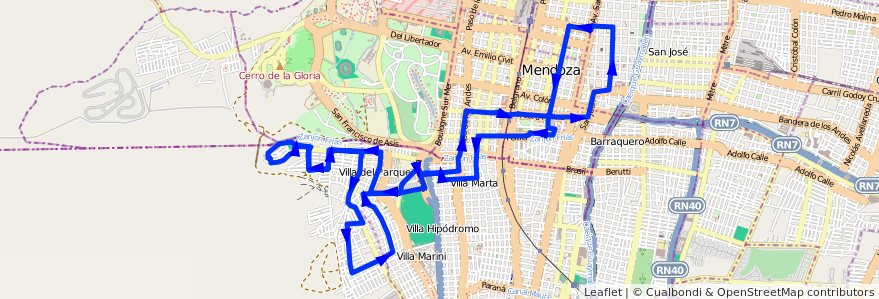 Mapa del recorrido 73 - Bº Judicial - Bº Supe de la línea G05 en Mendoza.