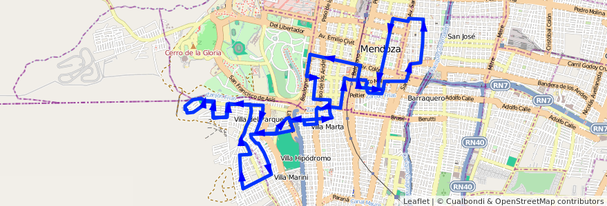 Mapa del recorrido 73 - Bº Supe - Bº Judicial - Casa de Gob. de la línea G05 en 门多萨省.