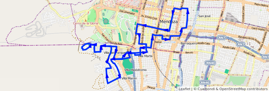 Mapa del recorrido 73 - Bº Supe - Bº Judicial de la línea G05 en Mendoza.