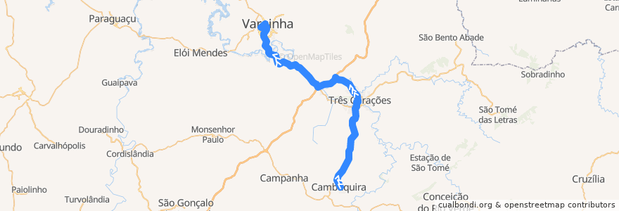 Mapa del recorrido 3167.6 - Cambuquira/Varginha via Três Corações de la línea  en Região Geográfica Intermediária de Varginha.