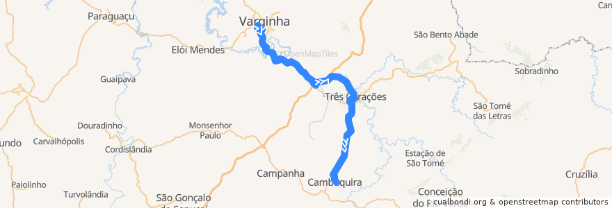 Mapa del recorrido 3167.6 - Cambuquira/Varginha via Três Corações de la línea  en Região Geográfica Intermediária de Varginha.