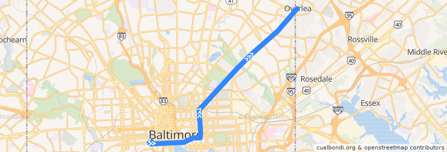 Mapa del recorrido CityLink Brown: Overlea de la línea  en Baltimore.