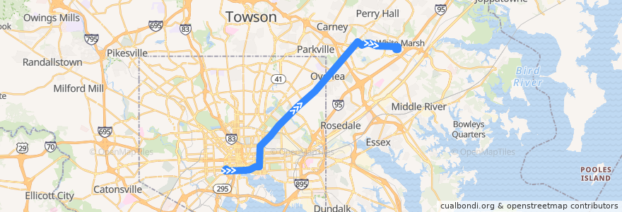 Mapa del recorrido CityLink Brown: White Marsh de la línea  en Maryland.