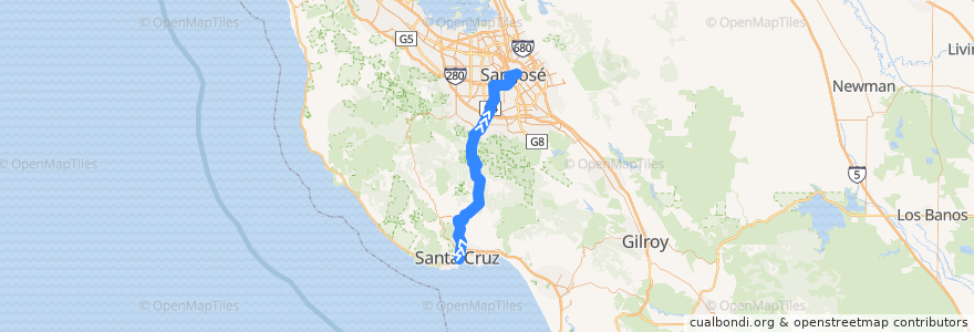 Mapa del recorrido SCMTD 17: Santa Cruz => Cavallaro Transit Center => Scotts Valley Drive => San Jose Diridon => Downtown San Jose (weekdays) de la línea  en Califórnia.