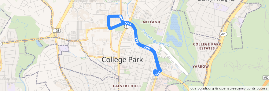 Mapa del recorrido Shuttle-UM 104: College Park Metro Station de la línea  en College Park.
