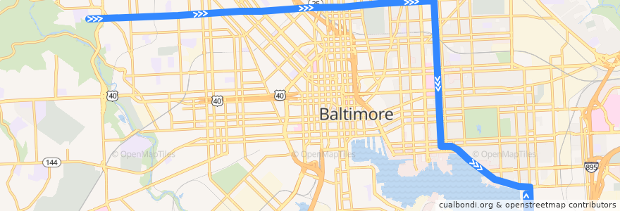 Mapa del recorrido CityLink Gold: Canton de la línea  en Baltimore.
