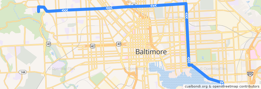 Mapa del recorrido CityLink Gold: Walbrook Junction de la línea  en Baltimore.