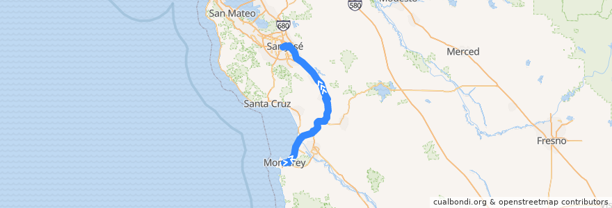Mapa del recorrido 55 Monterey – San Jose Express de la línea  en 캘리포니아주.