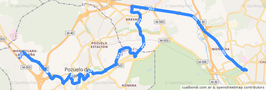 Mapa del recorrido Bus 657: Pozuelo (Monteclaro) → Madrid (Moncloa) de la línea  en Comunidad de Madrid.