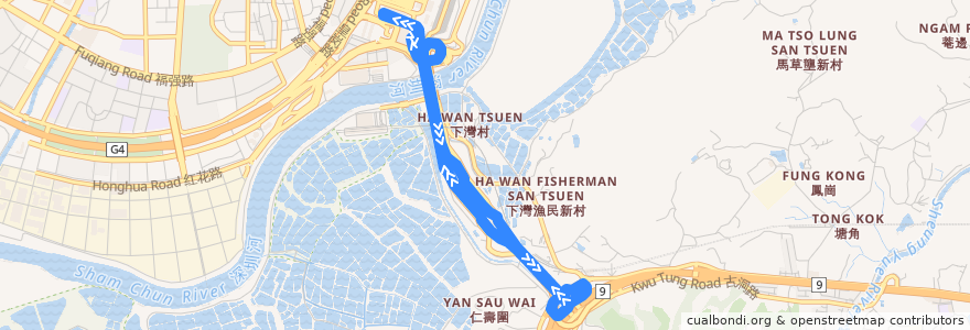 Mapa del recorrido 皇巴士 (落馬洲↔皇崗口岸 Lok Ma Chau↔Huanggang) de la línea  en Гонконг.