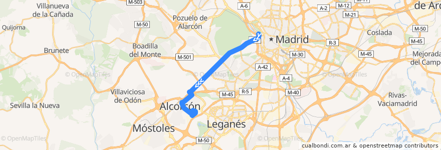 Mapa del recorrido Bus 513: Madrid - Alcorcón de la línea  en Comunidad de Madrid.