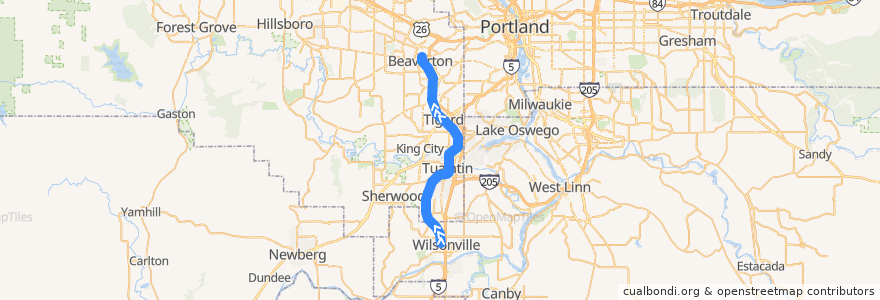 Mapa del recorrido TriMet WES: Wilsonville => Beaverton Transit Center de la línea  en Washington County.