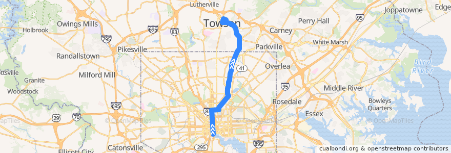 Mapa del recorrido CityLink Green: Towson de la línea  en Maryland.