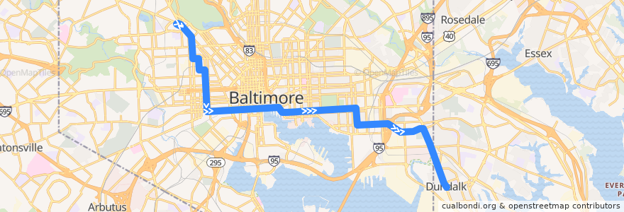 Mapa del recorrido CityLink Navy: Dundalk (Center Place) de la línea  en Baltimore.