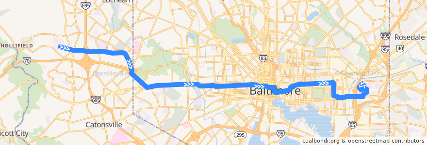 Mapa del recorrido CityLink Blue: Bayview de la línea  en Maryland.