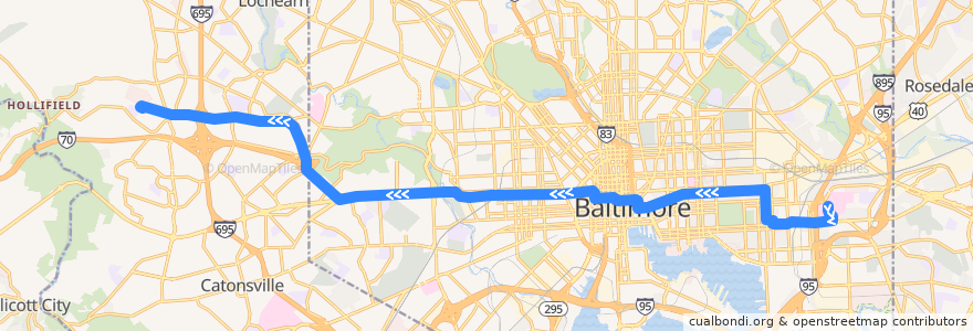 Mapa del recorrido CityLink Blue: CMS de la línea  en Maryland.