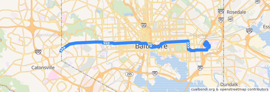 Mapa del recorrido CityLink Blue: Bayview de la línea  en Baltimore.