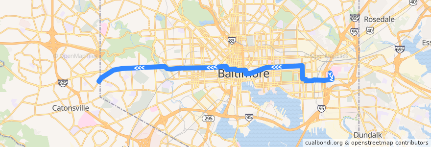 Mapa del recorrido CityLink Blue: Westgate (North Bend) de la línea  en Baltimore.