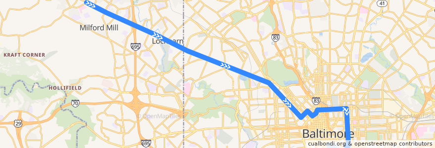 Mapa del recorrido CityLink Lime: Harbor East de la línea  en Maryland.