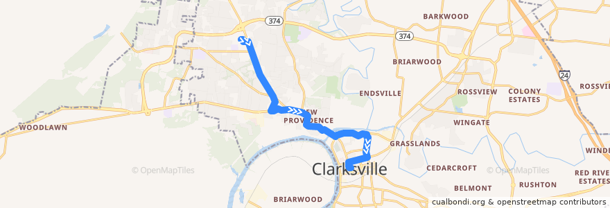 Mapa del recorrido Bus 1: Fort Campbell Walmart => Clarksville Transit Center de la línea  en Clarksville.