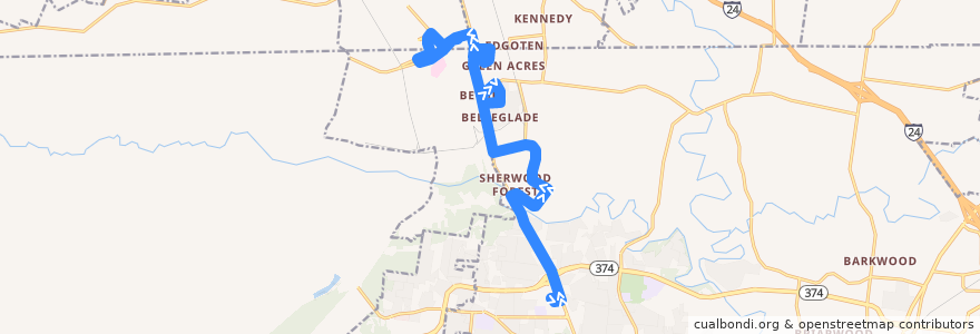 Mapa del recorrido Bus 1: Fort Campbell Walmart => Fort Campbell Gate 4 de la línea  en Clarksville.