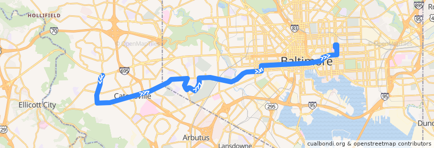 Mapa del recorrido CityLink Purple: Johns Hopkins Hospital de la línea  en 메릴랜드.