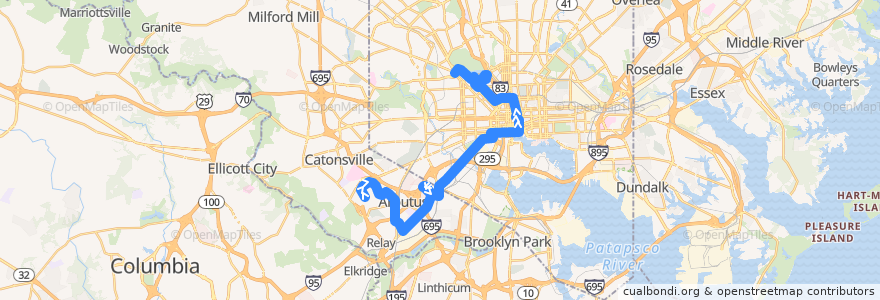 Mapa del recorrido CityLink Yellow: Mondawmin de la línea  en 메릴랜드.