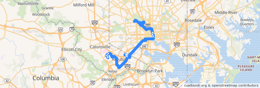 Mapa del recorrido CityLink Yellow: Mondawmin de la línea  en Maryland.