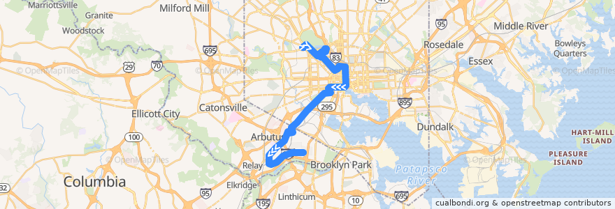 Mapa del recorrido CityLink Yellow: Riverview de la línea  en Maryland.