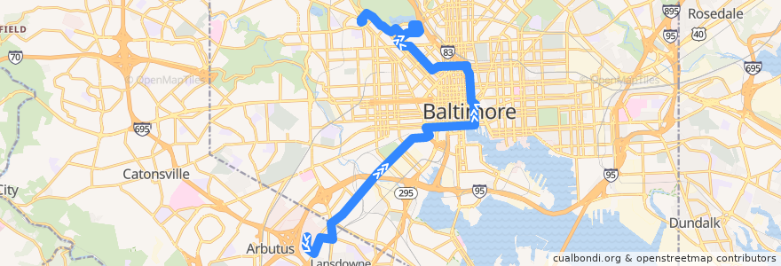 Mapa del recorrido CityLink Yellow: Mondawmin de la línea  en Baltimore.