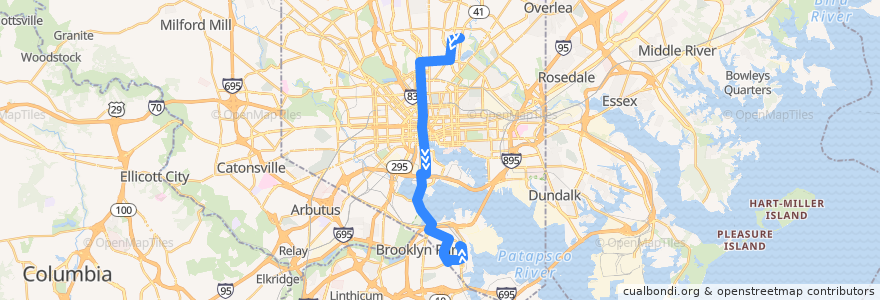 Mapa del recorrido CityLink Silver: Curtis Bay de la línea  en Baltimore.
