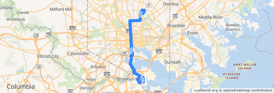 Mapa del recorrido CityLink Silver: Morgan State University de la línea  en Baltimore.