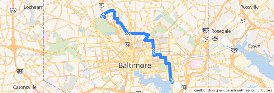 Mapa del recorrido LocalLink 21: Woodberry de la línea  en Baltimore.