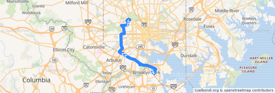 Mapa del recorrido LocalLink 29: Mondawmin de la línea  en Baltimore.