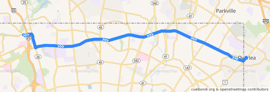 Mapa del recorrido LocalLink 33: Overlea de la línea  en Baltimore.