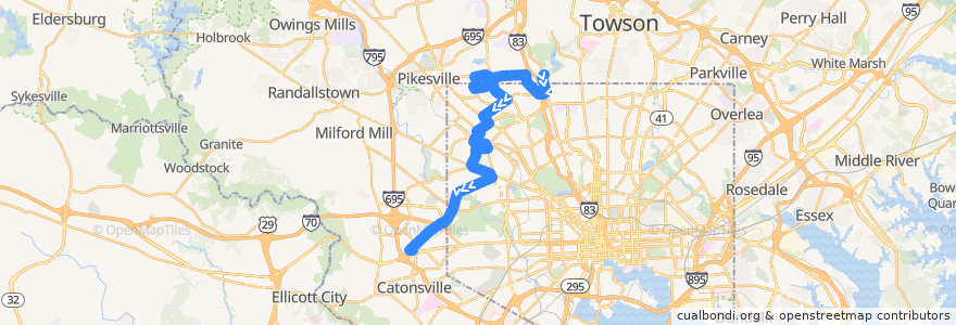 Mapa del recorrido LocalLink 34: Westview de la línea  en メリーランド州.