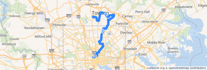 Mapa del recorrido LocalLink 53: Sheppard Pratt de la línea  en Maryland.