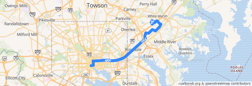 Mapa del recorrido LocalLink 56: Charles Center de la línea  en Maryland.