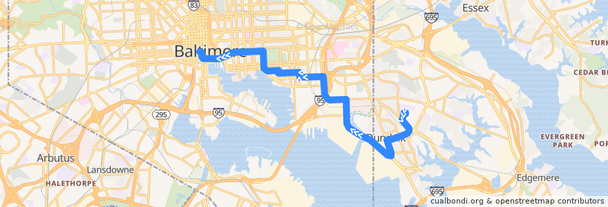 Mapa del recorrido LocalLink 65: Charles Center de la línea  en Maryland.