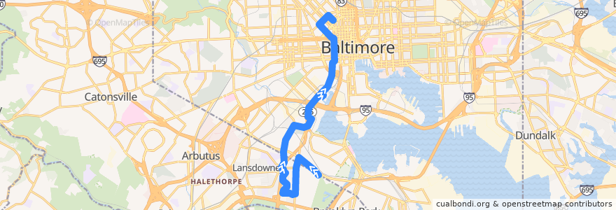 Mapa del recorrido LocalLink 73: Charles Center de la línea  en Baltimore.