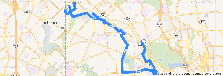 Mapa del recorrido LocalLink 82: Reisterstown Plaza de la línea  en Baltimore.