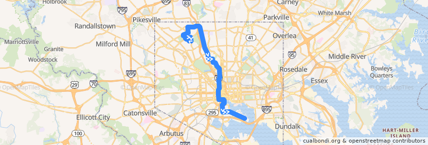 Mapa del recorrido LocalLink 94: Fort McHenry de la línea  en Baltimore.