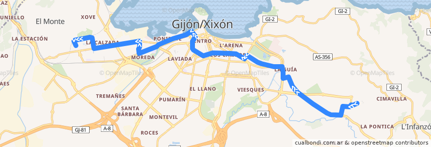 Mapa del recorrido Linea 1 - El Cerilleru - Hospital de Cabueñes de la línea  en Gijón / Xixón.