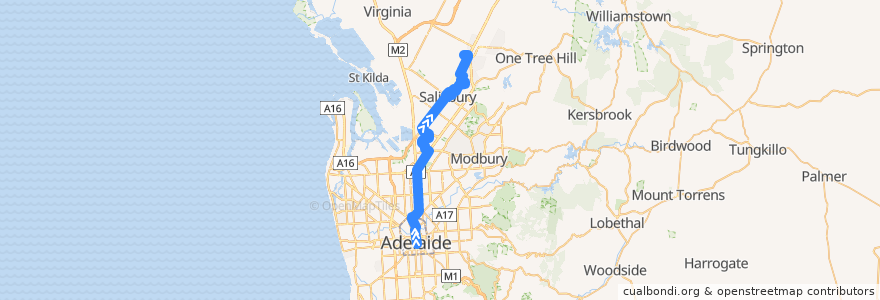 Mapa del recorrido 224F - City to Elizabeth Interchange via Mawson Interchange Limited Setdown de la línea  en Adelaide.