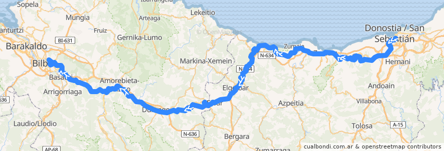 Mapa del recorrido E1 (Donostia-Amara → Bilbao-Matiko) de la línea  en Euskadi.