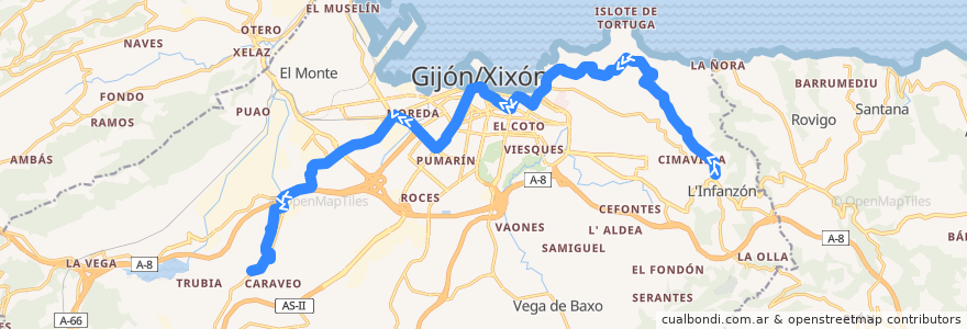 Mapa del recorrido Linea 14 - Sotiello - El Infanzon de la línea  en Gijón / Xixón.