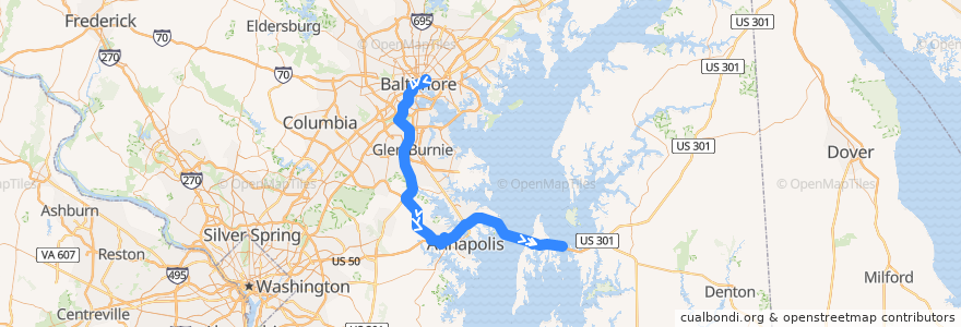 Mapa del recorrido Commuter Bus 210: Kent Island de la línea  en Maryland.