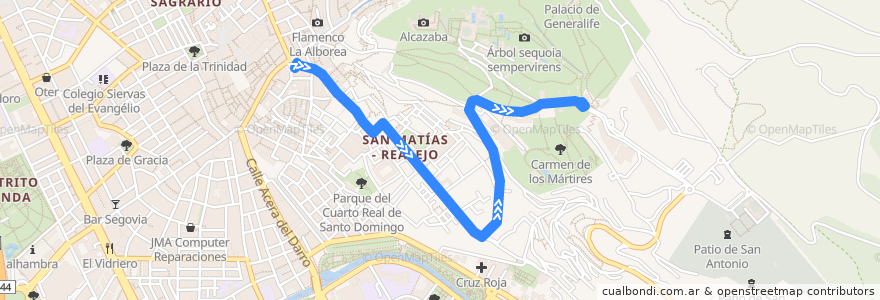 Mapa del recorrido Bus C30: Centro → Alhambra de la línea  en Granada.