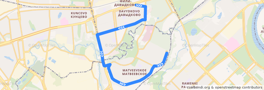 Mapa del recorrido Автобус 77: Метро "Славянский бульвар" => Матвеевское de la línea  en Западный административный округ.